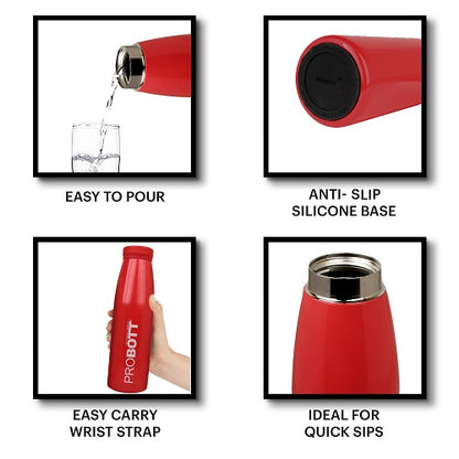 Probott Aquatic 750ml Vacuum Insulated Flask Bottle, Stainless Steel Hot and Cold Water Bottles, Red