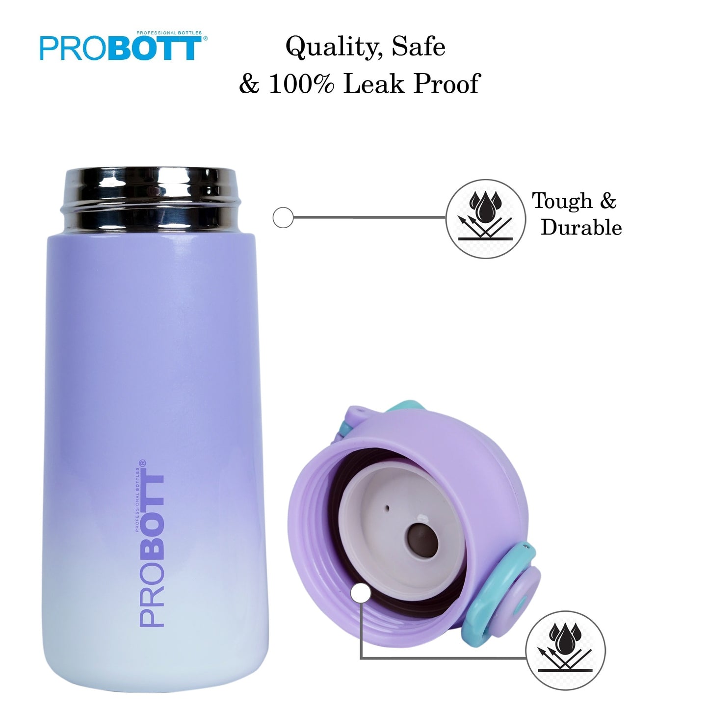 PROBOTT Swiss 350ml Stainless Steel Double Wall Vacuum Flask for 3-5 Yrs Kids | Hot and Cold Water Bottle, Purple