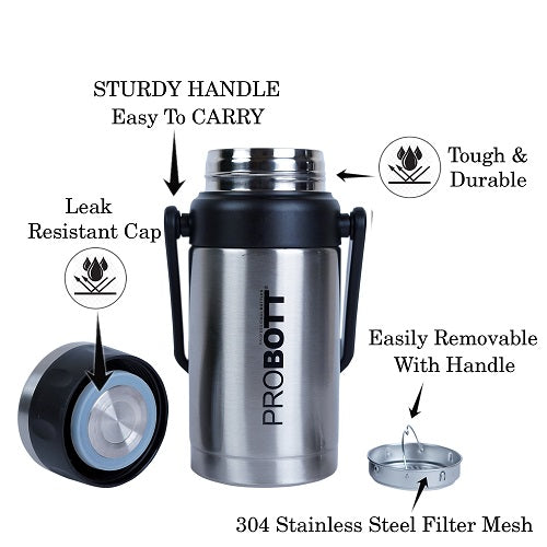 Probott Handy 1500ml Stainless Steel Hot & Cold Water Bottle, Vacuum Insulated Flask Bottles, Silver