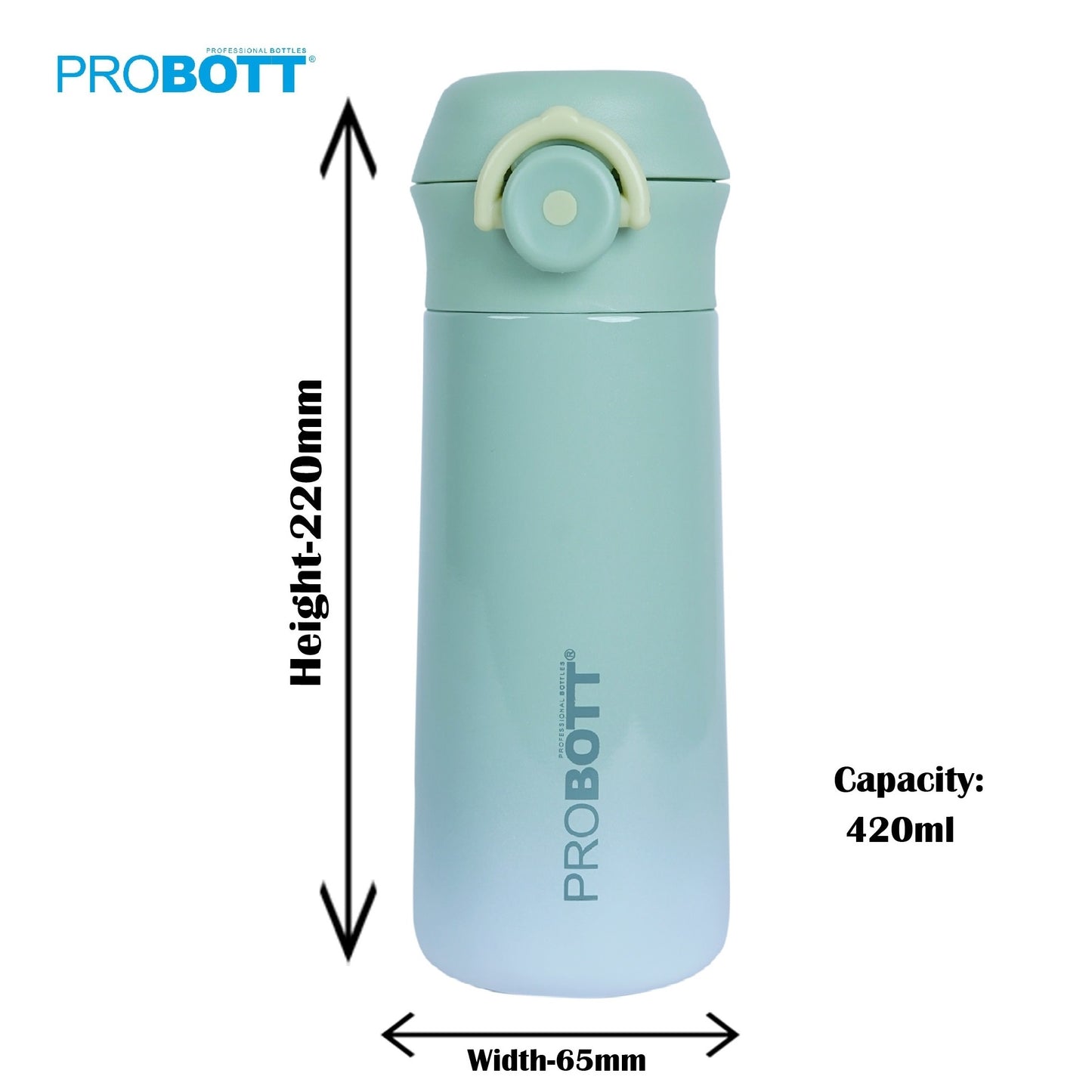 PROBOTT Swiss 420ml Stainless Steel Double Wall Vacuum Flask for 3-5 Yrs Kids | Hot and Cold Water Bottle, Green