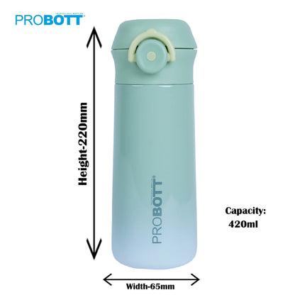 PROBOTT Swiss 420ml Stainless Steel Double Wall Vacuum Flask for 3-5 Yrs Kids | Hot and Cold Water Bottle, Green