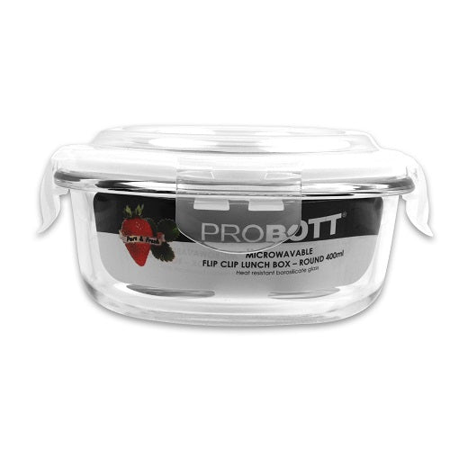 PROBOTT Vetroware Borosilicate Flip Clip Lunch Box Round Shape Set with Standing Bag, 400ml+400ml+400ml, 3-Pieces, Transparent PV 333-R_Black Bag