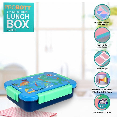 PROBOTT Lunch On 750ml Stainless Steel Lunch Box, 2 Grid Tiffin Box, Character Lid Made with Heavy Quality PP Material Perfect for School, Office Use | Blue+Dark Blue