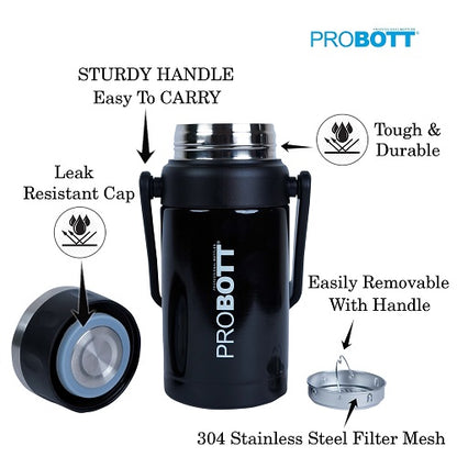 Probott Handy 1100ml Stainless Steel Hot & Cold Water Bottle, Vacuum Insulated Flask Bottles, Black