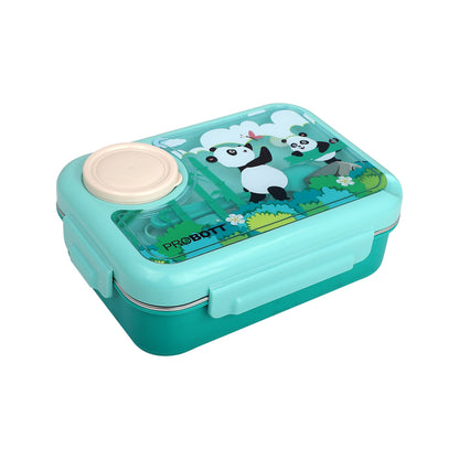 PROBOTT Fun Time 750ml Stainless Steel Lunch Box, 2 Compartment with 1 Bowl & 1 Spoon 1 Fork Tiffin Box, Character Lid | Aqua Blue