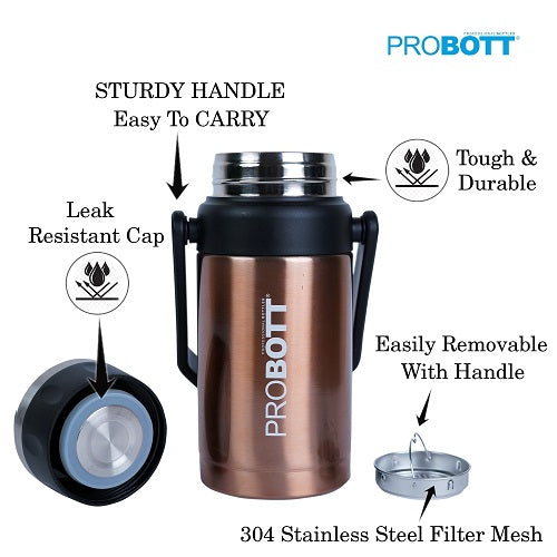 Probott Handy 1100ml Stainless Steel Hot & Cold Water Bottle, Vacuum Insulated Flask Bottles, Gold