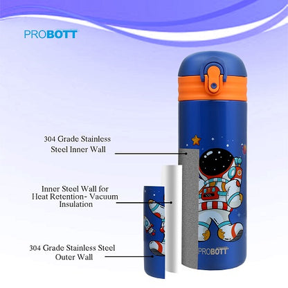 Probott Dazzle 400ml Stainless Steel Hot & Cold Sipper Water Bottle for Kids, Dark Blue| Double Walled Vacuum Flask |Push Button With Locking System