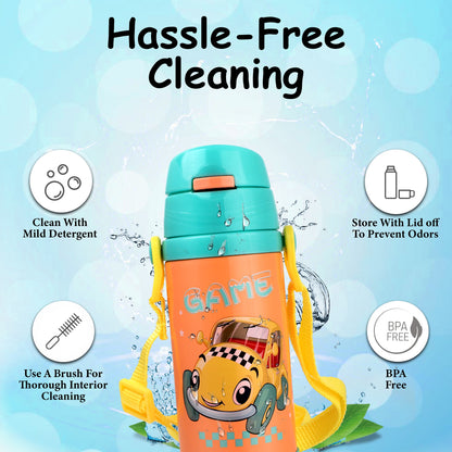 Probott Jerry 350ml Water Bottle with Straw for 3-5 yrs Old Kids | Stainless Steel Hot & Cold Sipper Bottle for Kid, Orange