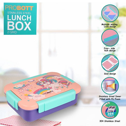 PROBOTT Lunch On 750ml Stainless Steel Lunch Box, 2 Grid Tiffin Box, Character Lid Made with Heavy Quality PP Material Perfect for School, Office Use | Orange+Purple