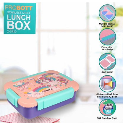 PROBOTT Lunch On 750ml Stainless Steel Lunch Box, 2 Grid Tiffin Box, Character Lid Made with Heavy Quality PP Material Perfect for School, Office Use | Orange+Purple