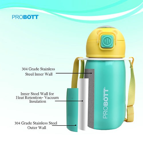 Probott Cutie 320ml Stainless Steel Hot & Cold Sipper Water Bottle for Kids, Aqua Green| Double Walled Vacuum Flask |Push Button With Locking System