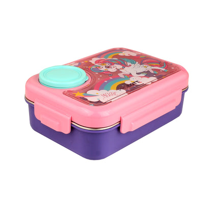 PROBOTT Fun Time 750ml Stainless Steel Lunch Box, 2 Compartment with 1 Bowl & 1 Spoon 1 Fork Tiffin Box, Character Lid | Pink