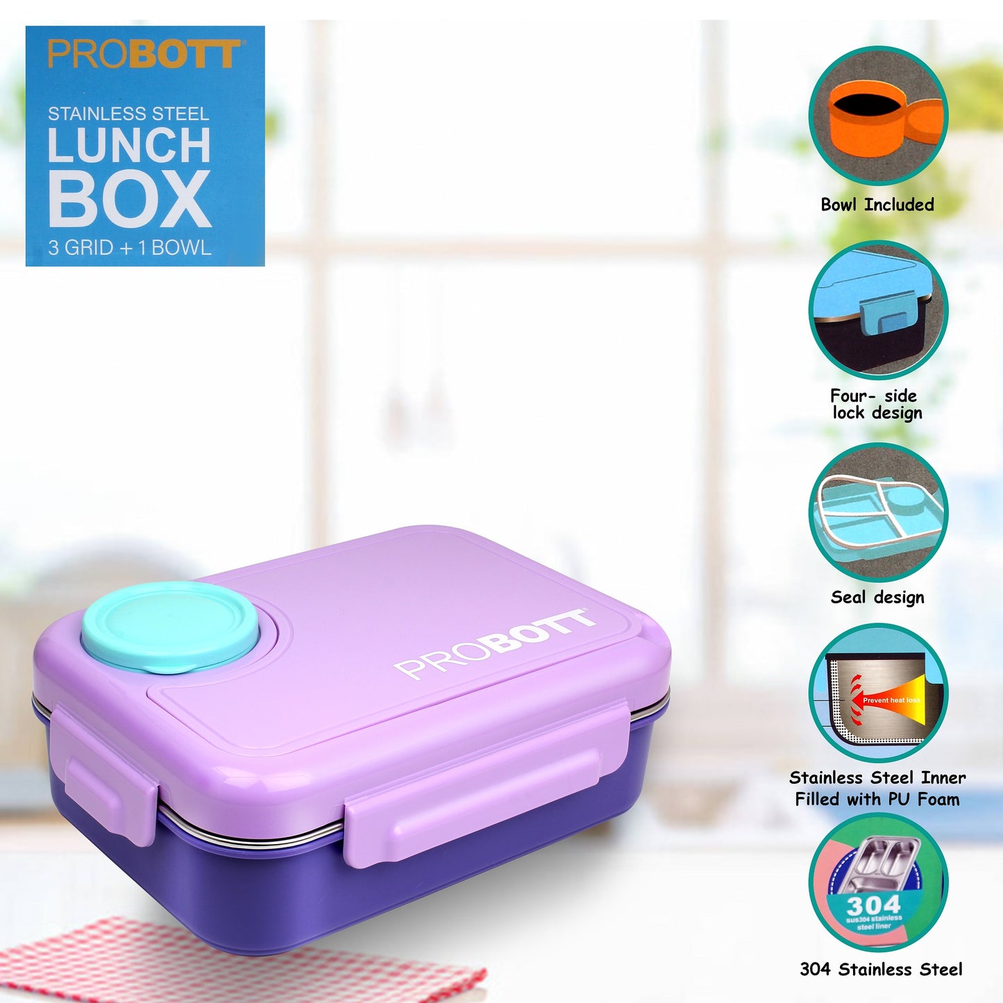 PROBOTT Fun Time 750ml Stainless Steel Lunch Box, 3 Grid with 1 Bowl Tiffin Box, Perfect for School, Office Use | Purple