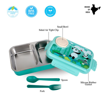 PROBOTT Fun Time 750ml Stainless Steel Lunch Box, 2 Compartment with 1 Bowl & 1 Spoon 1 Fork Tiffin Box, Character Lid | Aqua Blue