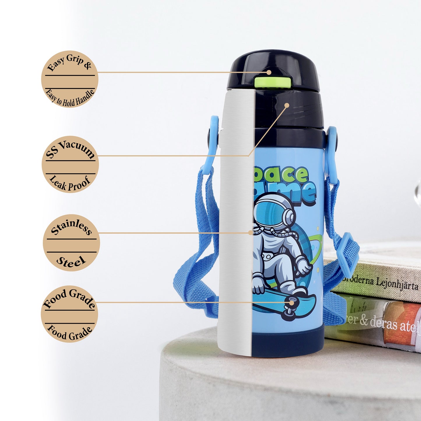 Probott Jerry 500ml Water Bottle with Straw for 3-5 yrs Old Kids | Stainless Steel Hot & Cold Sipper Bottle for Kid, Blue