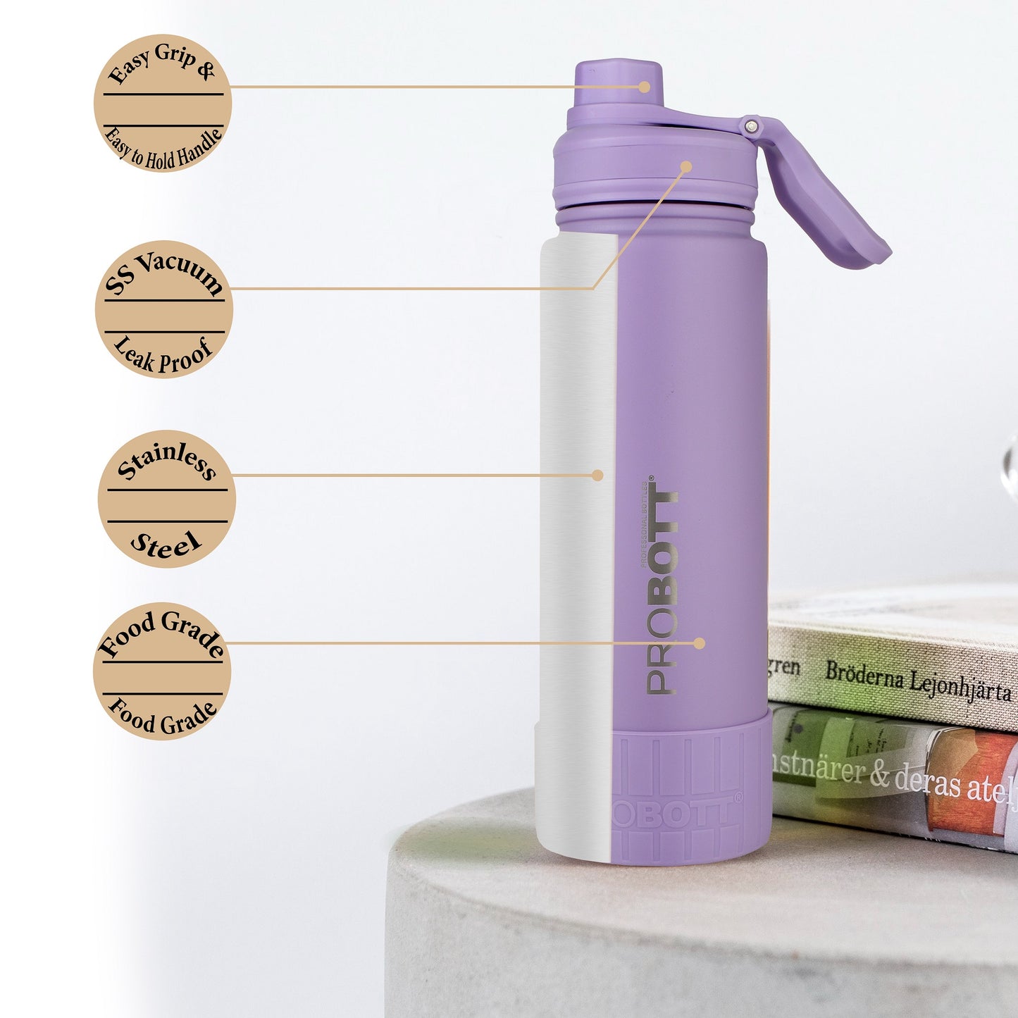 Probott Class 720ml Thermoses Vacuum Insulated Flask Sipper Bottle, Stainless Steel Water Bottles, Purple