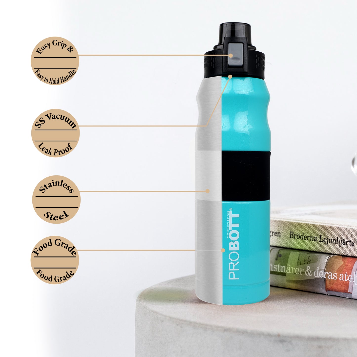 Probott Bloom 680ml Vacuum Insulated Flask Bottle, Stainless Steel Hot and Cold Water Bottles, Light Blue | Push Button Flip Top Cap | Leak Proof