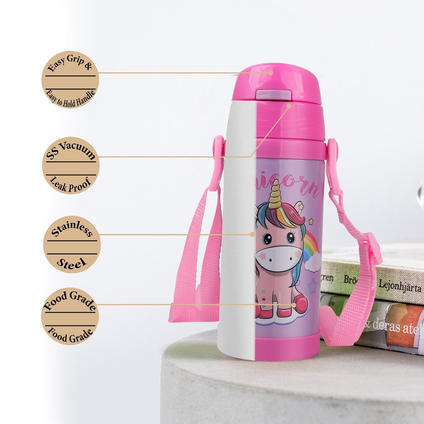 Probott Jerry 350ml Water Bottle with Straw for 3-5 yrs Old Kids | Stainless Steel Hot & Cold Sipper Bottle for Kid, Pink