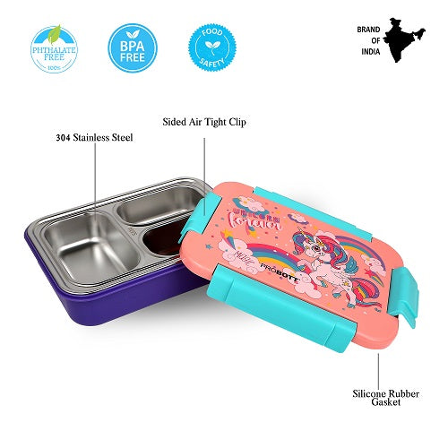 PROBOTT Lunch On 710ml Stainless Steel Lunch Box, 3 Grid Tiffin Box, Character Lid Made with Heavy Quality PP Material Perfect for School, Office Use | Orange + Purple