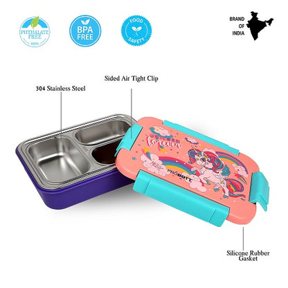 PROBOTT Lunch On 710ml Stainless Steel Lunch Box, 3 Grid Tiffin Box, Character Lid Made with Heavy Quality PP Material Perfect for School, Office Use | Orange + Purple