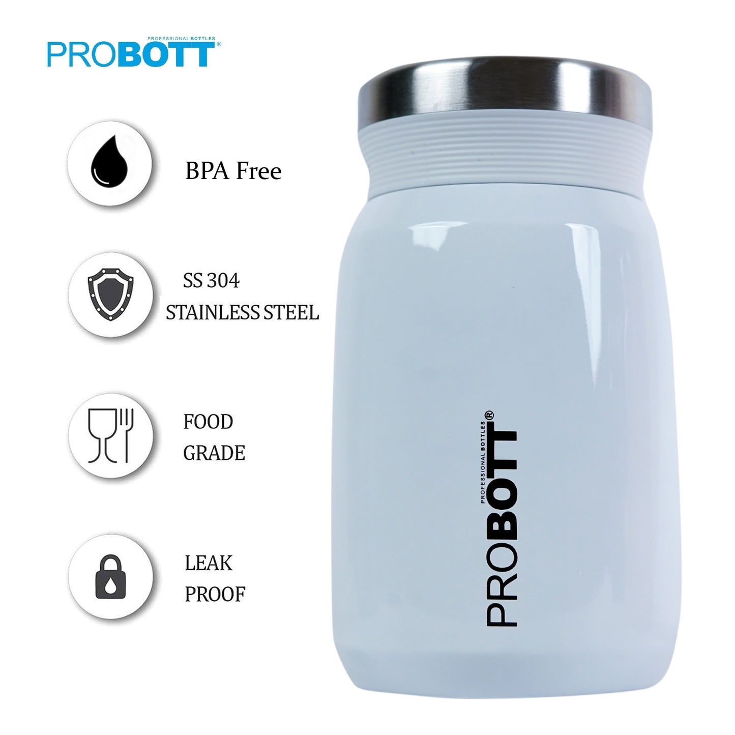 PROBOTT Gourmet 500 ml Vacuum Insulated Flask Jar, White | Soup Flask | Dal Flask | Sambar Flask | Thermos | Long Hours Hot and Cold