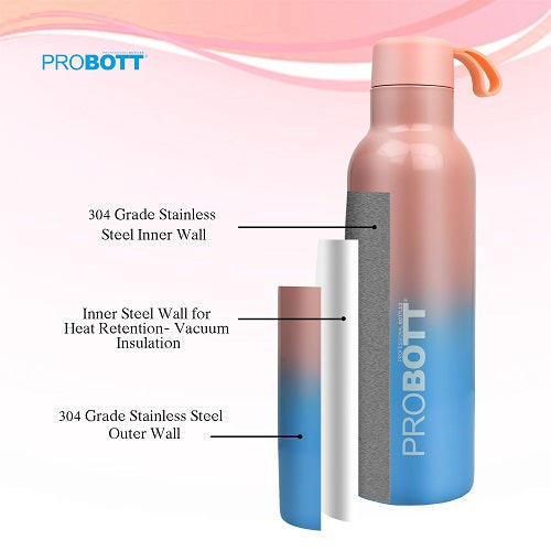 Probott Dream 500ml Stainless Steel Hot and Cold Water Bottle, Vacuum Insulated Flask Bottles, Dual Color Peach & Blue