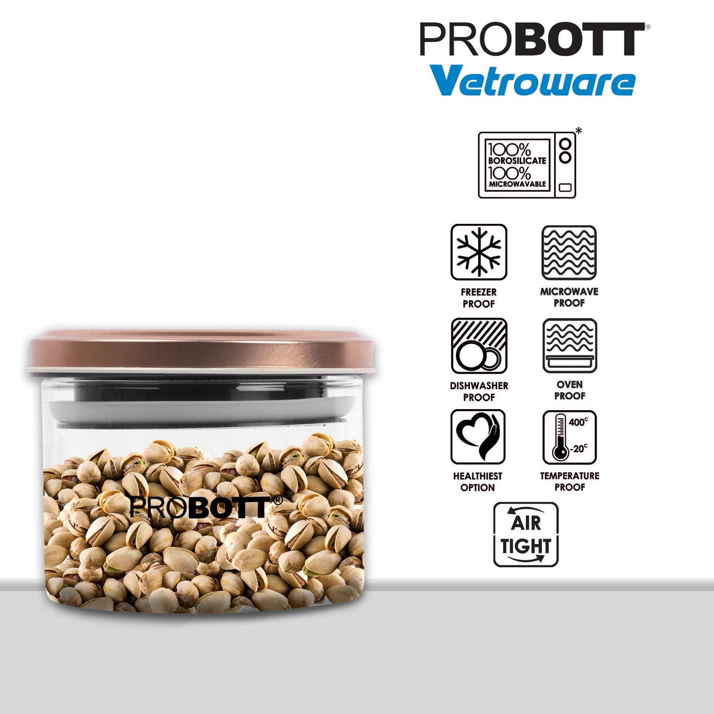 PROBOTT Vetroware 250ml Glass Round Jar Container with Metal Golden Color Air Tight Cap