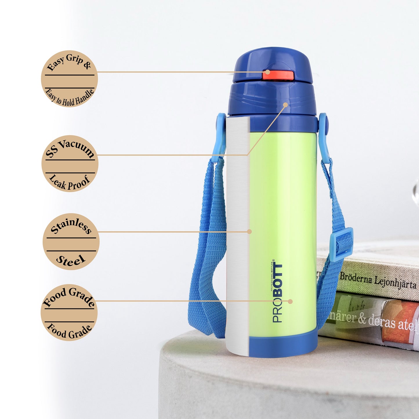 Probott Tom 500ml Hot & Cold Vacuum Insulated Flask Sipper Bottle with Straw & Strap for Kids, Green