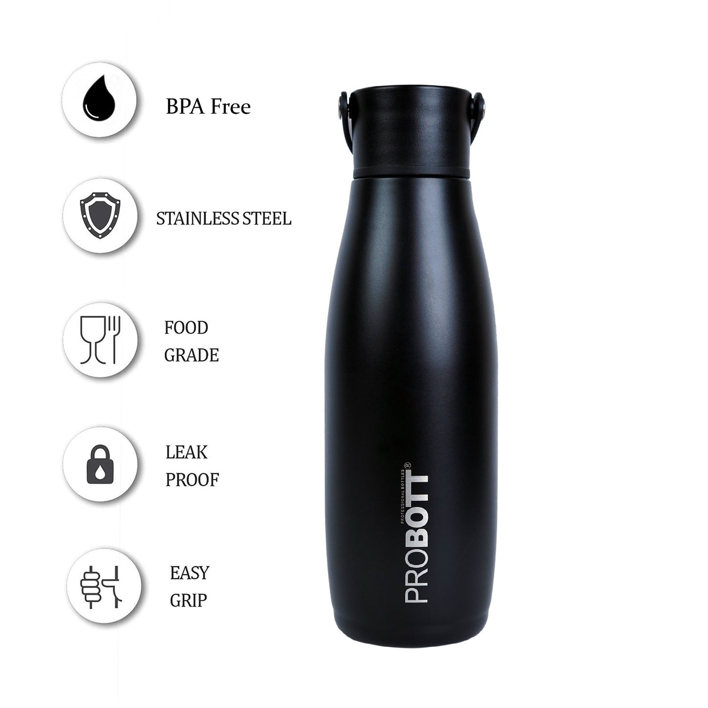 Probott Trendy 480ml Stainless Steel Water Bottles, Vacuum Insulated Flask Bottles, Black | Hot and Cold | Easy to Carry | Leak Proof