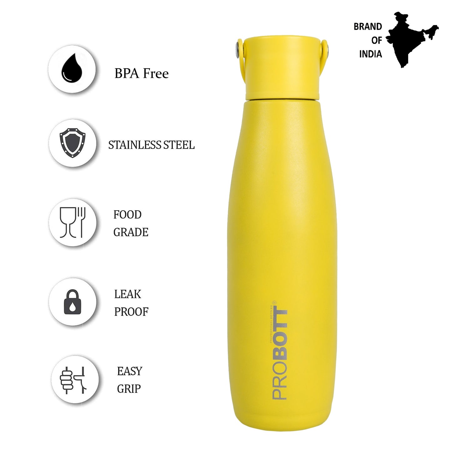 Probott Trendy 700ml Stainless Steel Water Bottles, Vacuum Insulated Flask Bottles, Yellow | Hot and Cold | Easy to Carry | Leak Proof