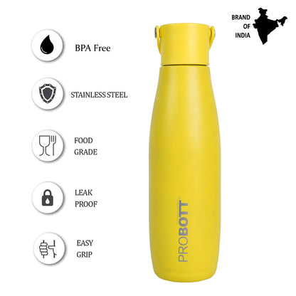 Probott Trendy 700ml Stainless Steel Water Bottles, Vacuum Insulated Flask Bottles, Yellow | Hot and Cold | Easy to Carry | Leak Proof