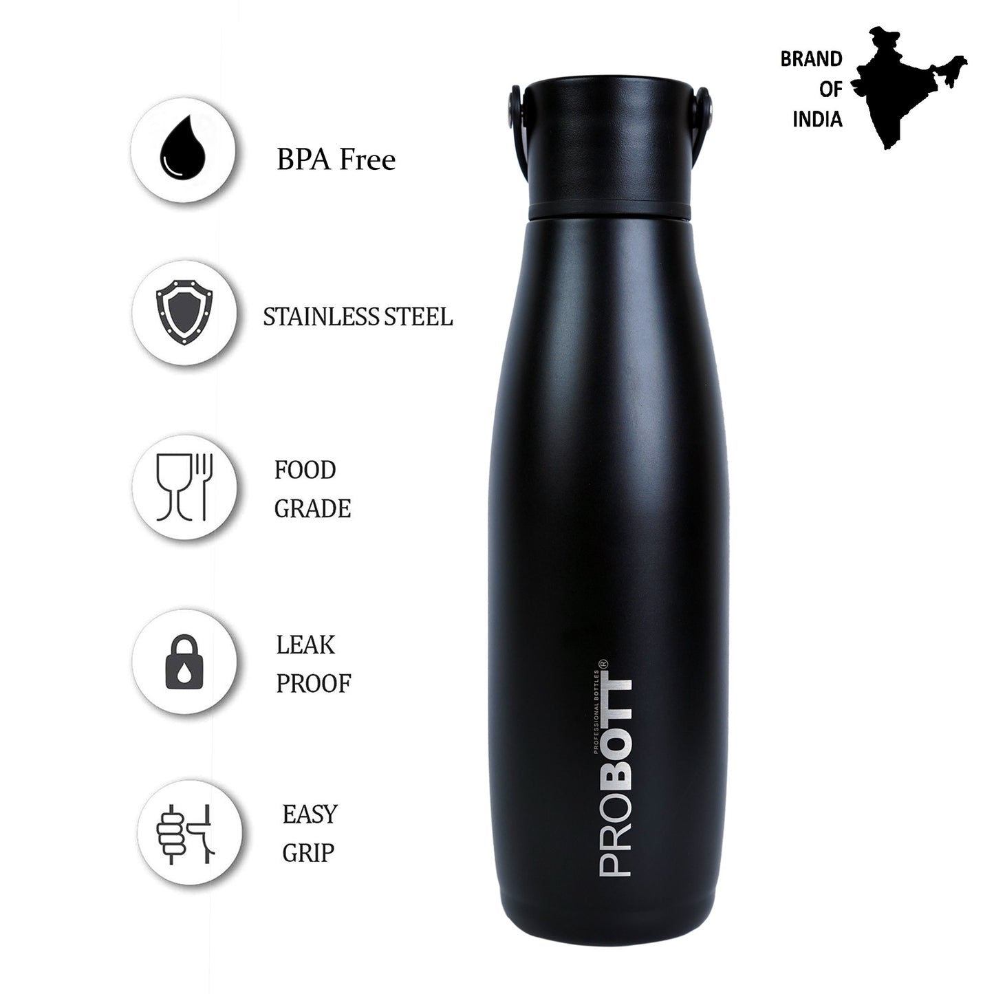 Probott Trendy 700ml Stainless Steel Water Bottles, Vacuum Insulated Flask Bottles, Black | Hot and Cold | Easy to Carry | Leak Proof