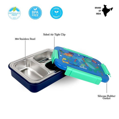 PROBOTT Lunch On 710ml Stainless Steel Lunch Box, 3 Grid Tiffin Box, Character Lid Made with Heavy Quality PP Material Perfect for School, Office Use | Blue+Dark Blue