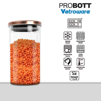 PROBOTT Vetroware 1100ml Glass Round Jar Container with Metal Golden Color Air Tight Cap