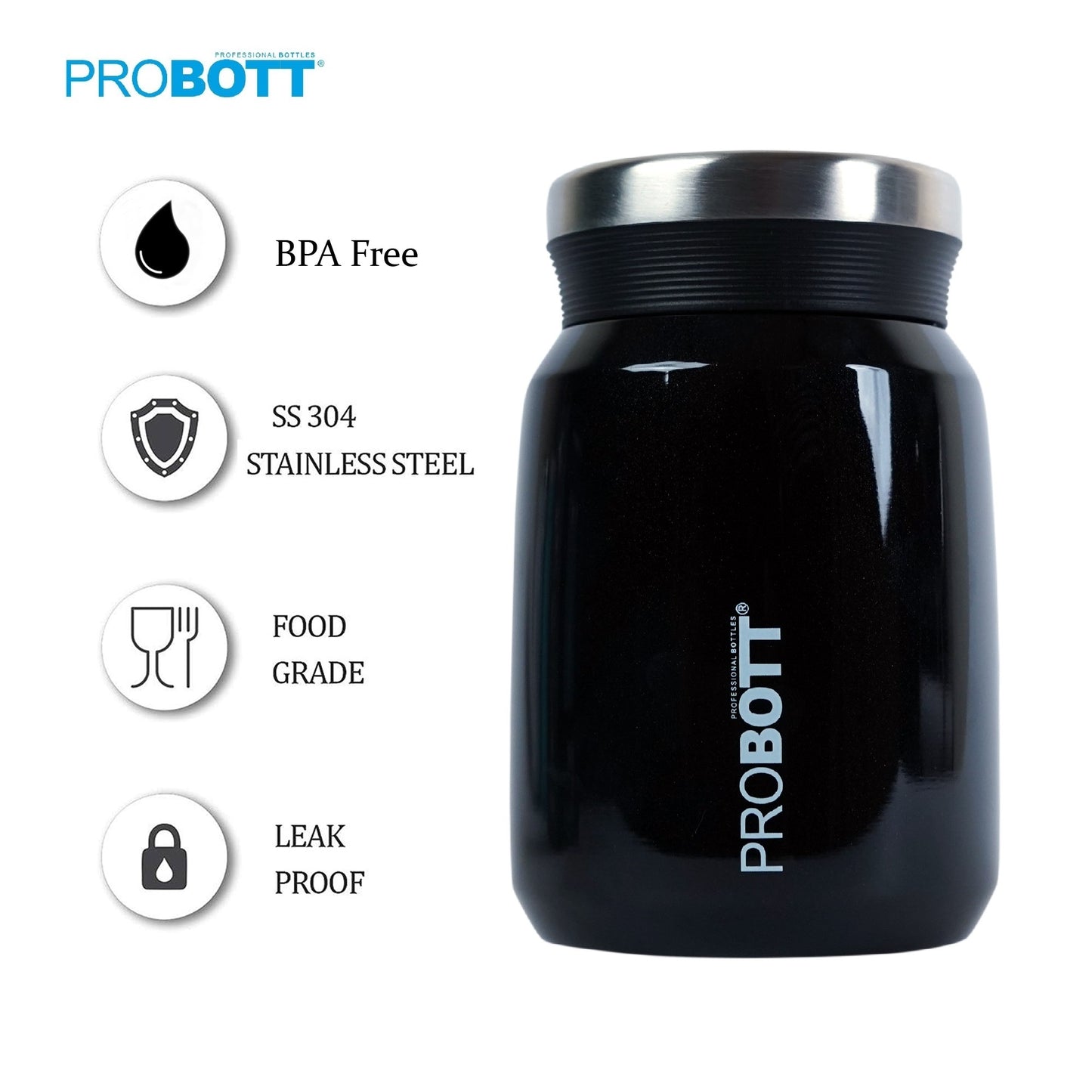 PROBOTT Gourmet 300 ml Vacuum Insulated Flask Jar, Black | Soup Flask | Dal Flask | Sambar Flask | Thermos | Long Hours Hot and Cold