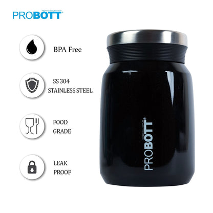 PROBOTT Gourmet 300 ml Vacuum Insulated Flask Jar, Black | Soup Flask | Dal Flask | Sambar Flask | Thermos | Long Hours Hot and Cold