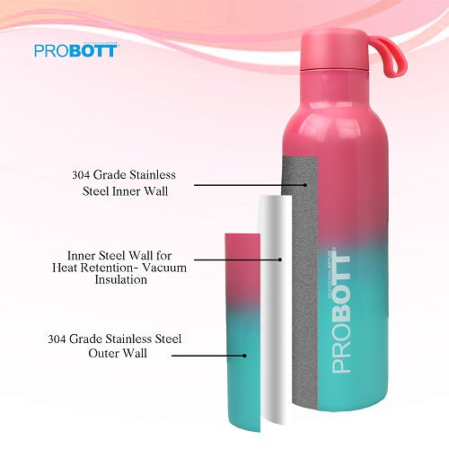 Probott Dream 500ml Stainless Steel Hot and Cold Water Bottle, Vacuum Insulated Flask Bottles, Dual Color Pink & Aqua Blue