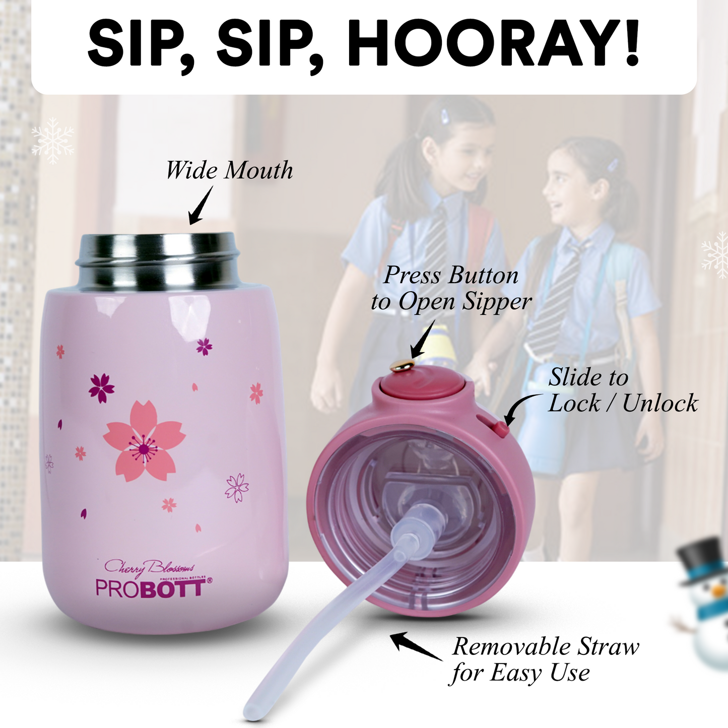 Probott Cool Kid 360ml Hot & Cold Sipper Bottle for Kid with Straw & Handle, Pink