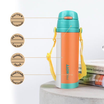 Probott Tom 500ml Hot & Cold Vacuum Insulated Flask Sipper Bottle with Straw & Strap for Kids, Orange