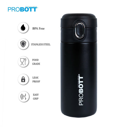 Probott Pride 300ml Thermosteel Hot & Cold Insulated Stainless Steel Travel Flask, Black | Spill Proof | Coffee Tea Mug | Juice Mug | Easy Grip Easy to Carry