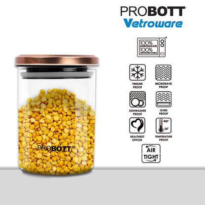 PROBOTT Vetroware 700ml Glass Round Jar Container with Metal Golden Color Air Tight Cap