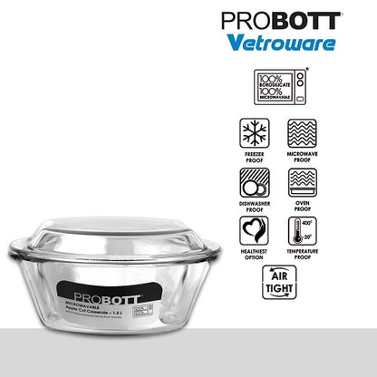 PROBOTT Vetroware Borosilicate Glass Casserole for Roti Chapati Rice, Curry Serve Deep Round Oven And Microwave Safe Serving Bowl With Glass Lid PV Apple Cut Casserole_1.5Ltr