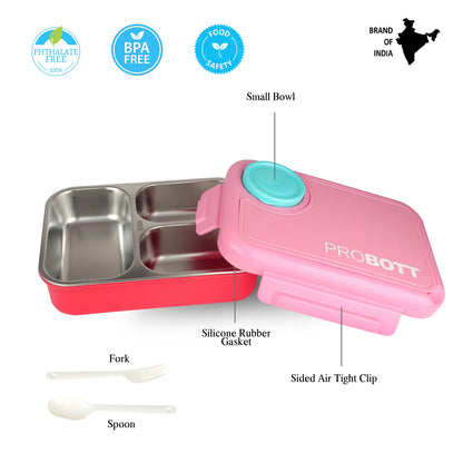 PROBOTT Fun Time 750ml Stainless Steel Lunch Box, 3 Grid with 1 Bowl Tiffin Box, Perfect for School, Office Use | Pink