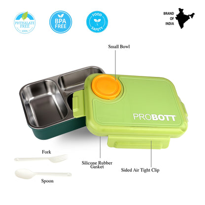 PROBOTT Fun Time 750ml Stainless Steel Lunch Box, 3 Grid with 1 Bowl Tiffin Box, Perfect for School, Office Use | Green