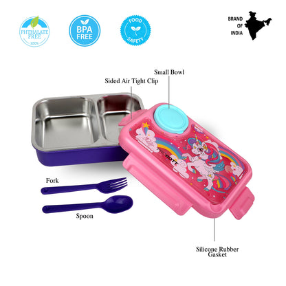 PROBOTT Fun Time 750ml Stainless Steel Lunch Box, 2 Compartment with 1 Bowl & 1 Spoon 1 Fork Tiffin Box, Character Lid | Pink