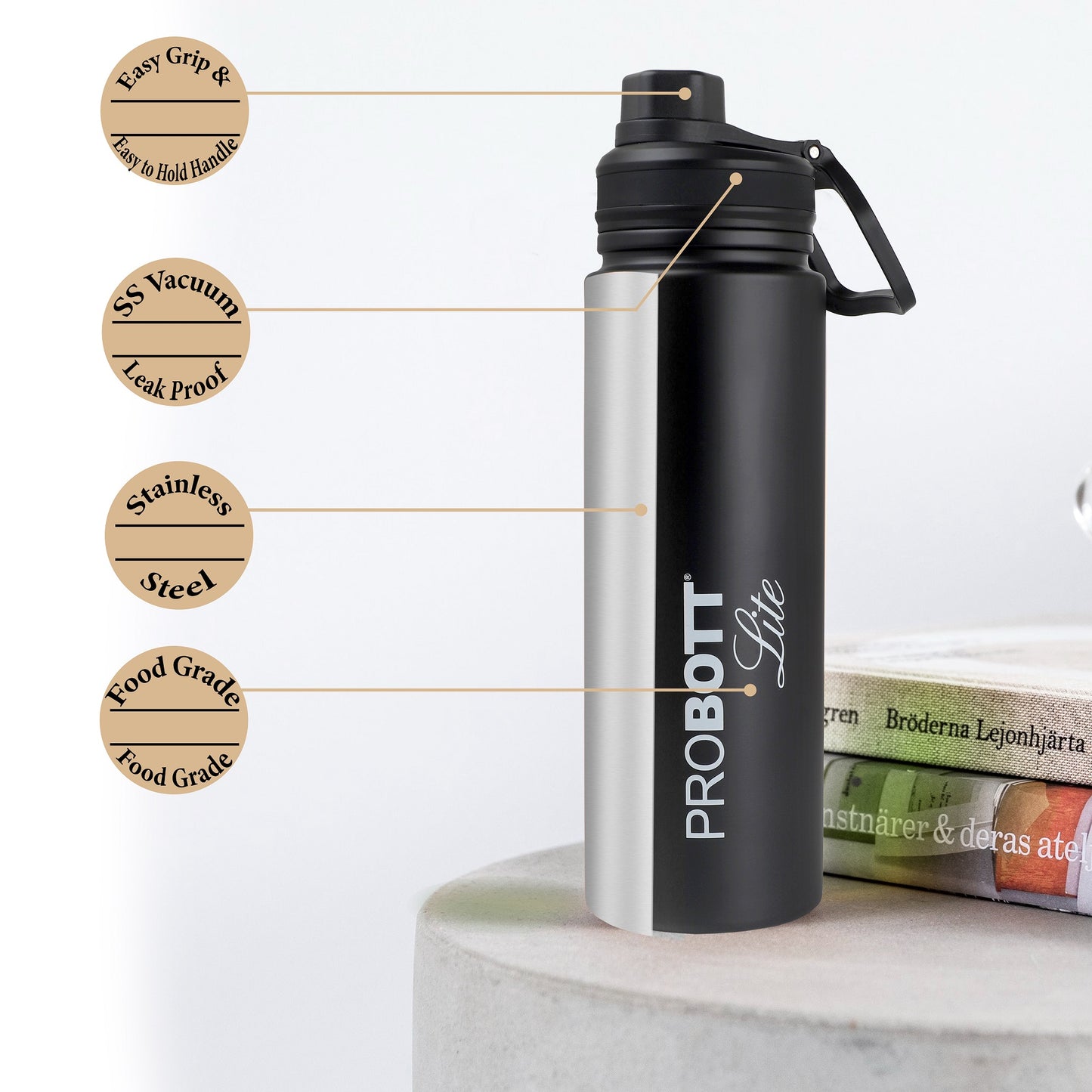 PROBOTT LITE Magic 1200ml Single Wall Stainless Steel Water Bottle Without Vacuum Tech, Black