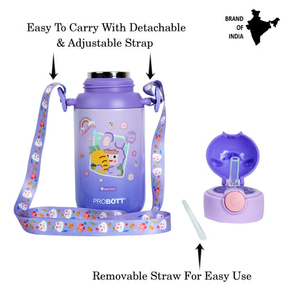 Probott Kidzy 500ml Water Bottle with Straw for 3-5 yrs Kids Sipper Bottle, Purple