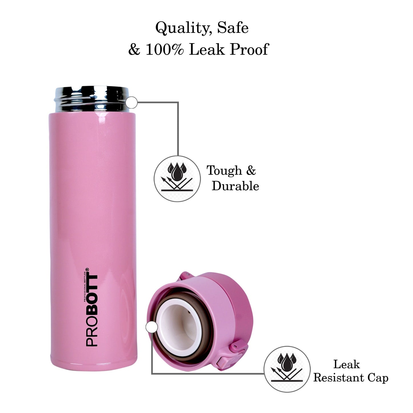 Probott Gliter 300 ml Travel Flask, Pink | Thermoses Hot or Cold Vacuum Insulated Stainless Steel | Flip Top Cap