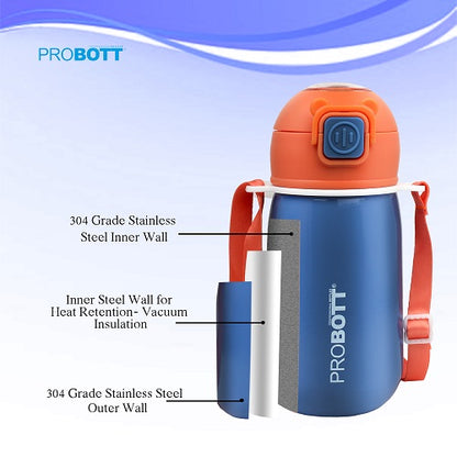 Probott Cutie 320ml Stainless Steel Hot & Cold Sipper Water Bottle for Kids, Blue| Double Walled Vacuum Flask |Push Button With Locking System