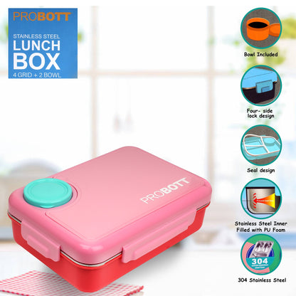 PROBOTT Fun Time 900ml Stainless Steel Lunch Box, 4 Grid with 2 Bowl Tiffin Box, Perfect for School, Office Use | Pink